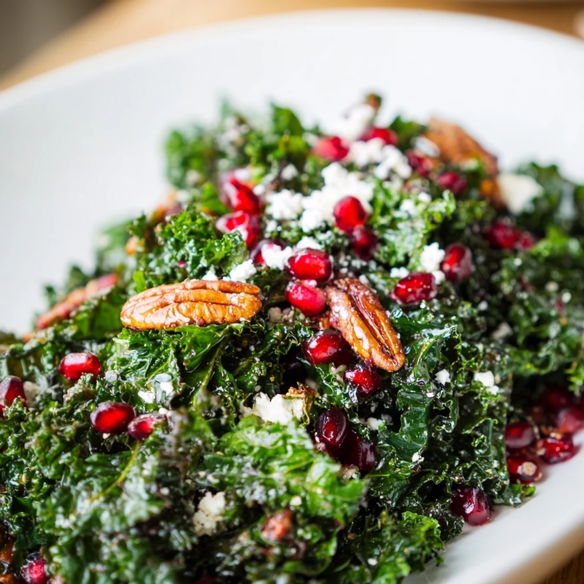 Close-up of Winter Kale Salad with Pomegranate and Pecans topped with crumbled goat cheese, fresh parsley, and golden pecans.