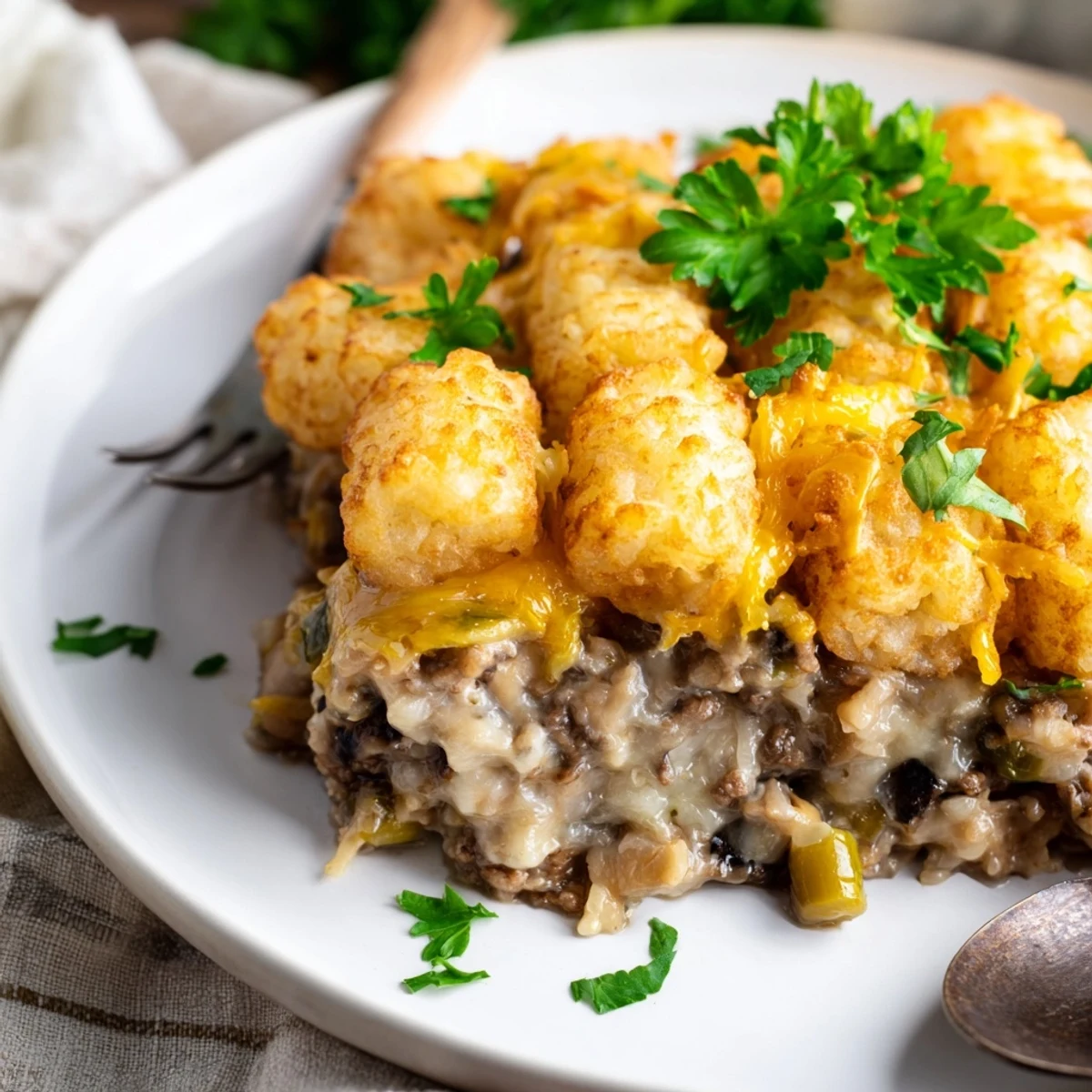 Golden, crispy tater tots blanket a savory halal ground beef and vegetable filling in this Game Day Tater Tot Casserole.  