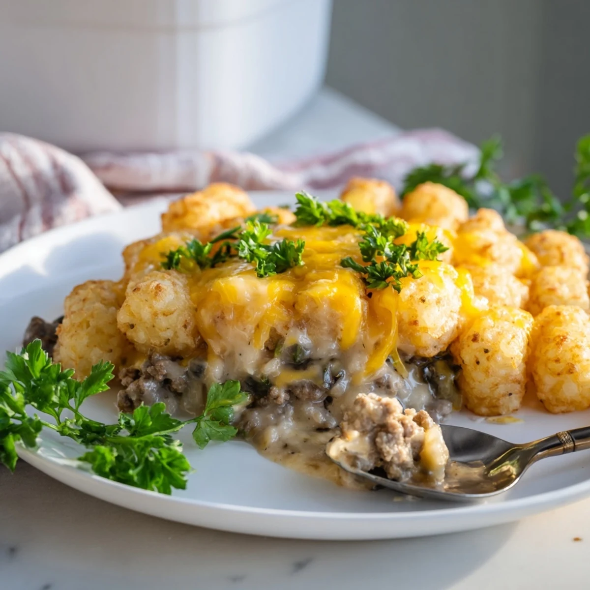 Cheesy, golden-brown tater tots crown a hearty, halal beef and veggie filling in this Game Day Tater Tot Casserole.  