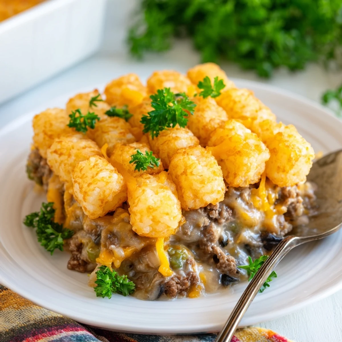 A bubbling Game Day Tater Tot Casserole with crispy tots and melted cheese over a rich halal beef and vegetable base.