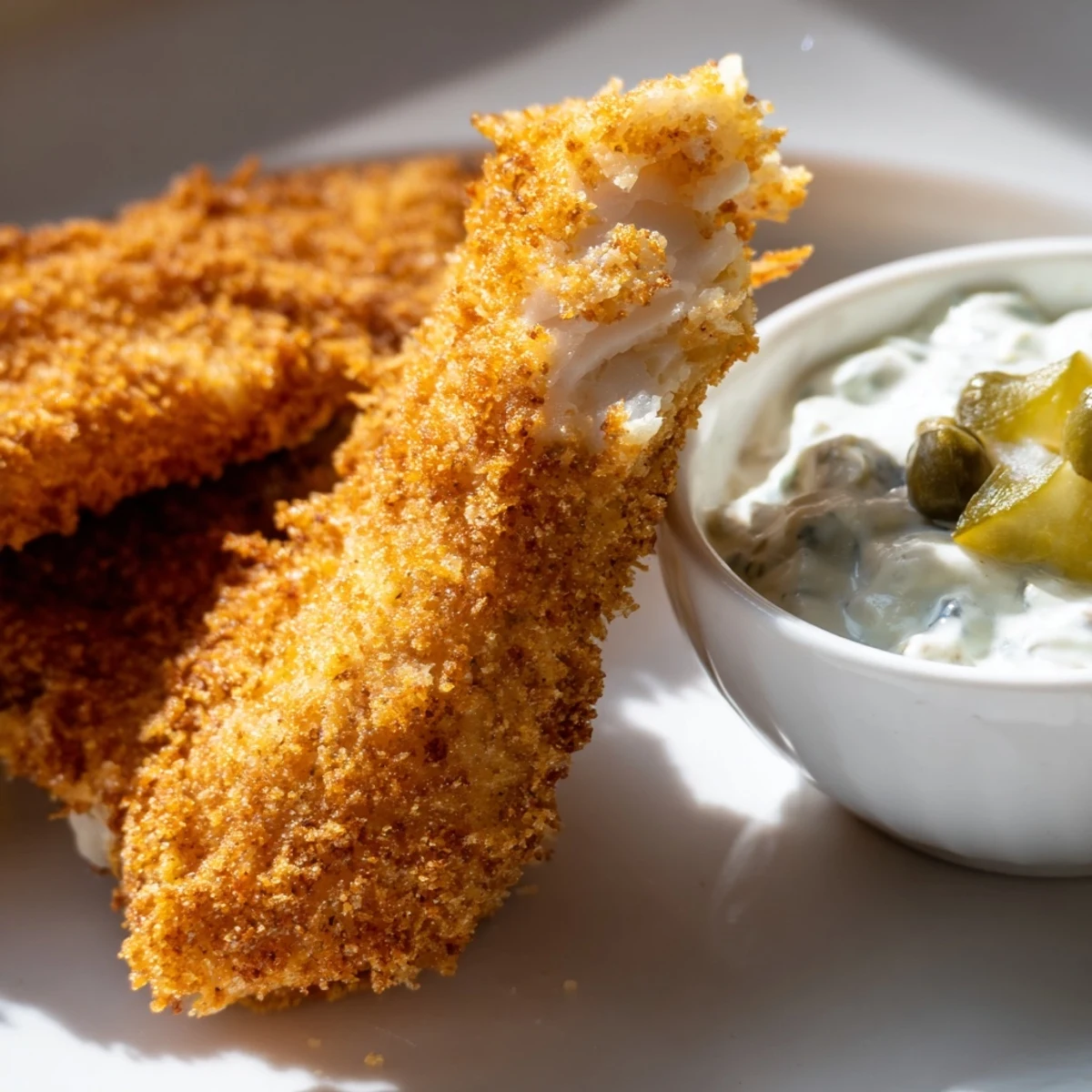 Golden, crispy Cajun Fried Catfish fillets served with creamy tartar sauce on a plate.