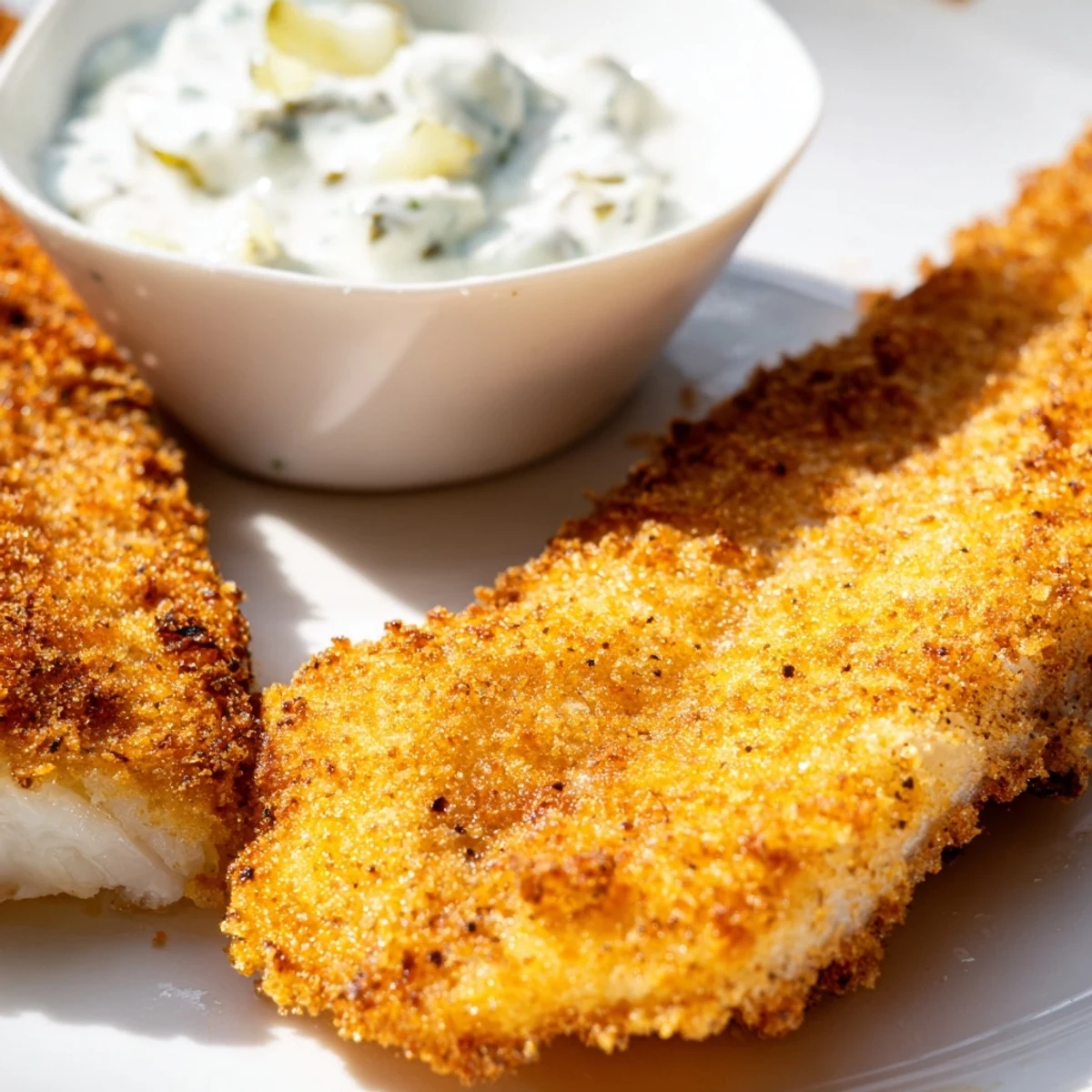 A close-up of golden, spicy Cajun Fried Catfish fillets with a zesty tartar sauce dip.