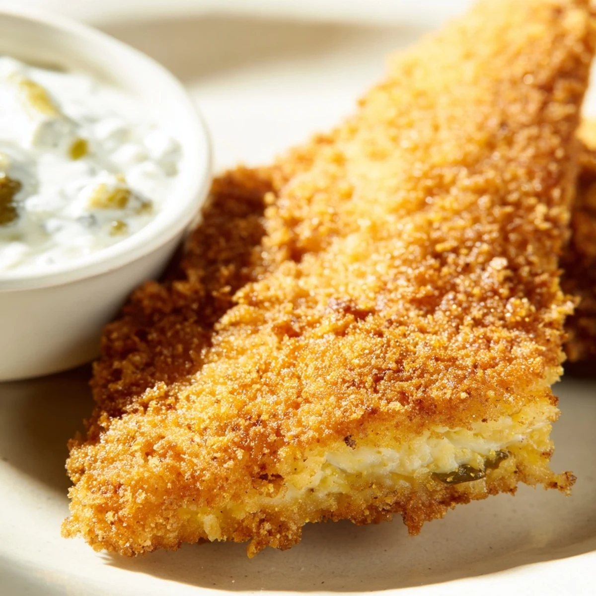 Four pieces of Cajun Fried Catfish stacked on a platter, paired with creamy tartar sauce.