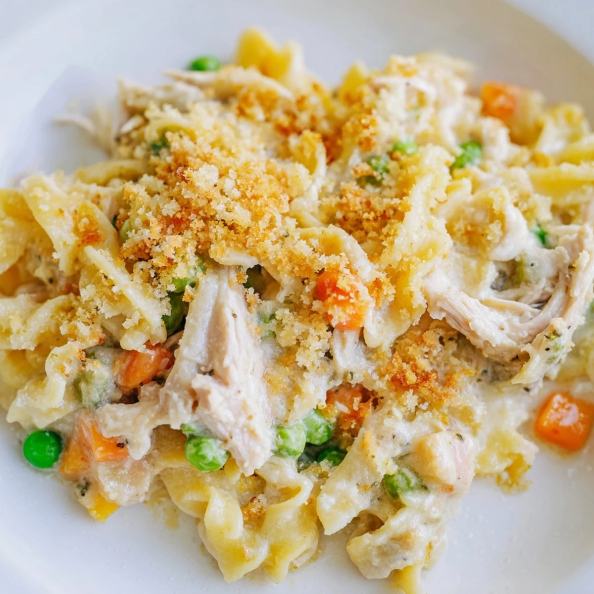 Golden-brown baked Chicken Noodle Casserole with Crumble topping, served bubbly with fresh parsley.