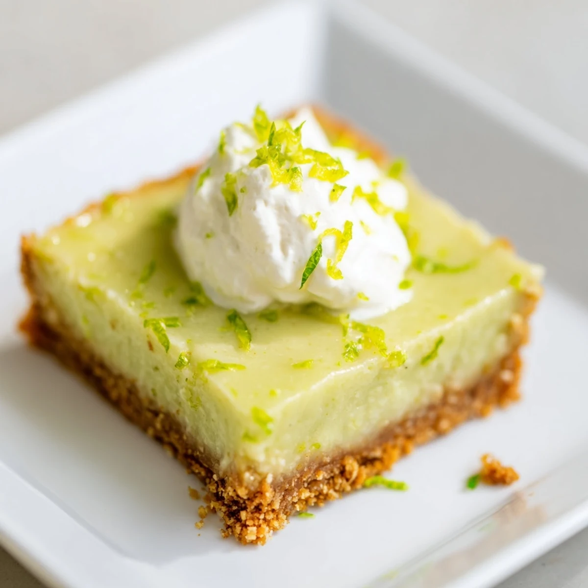Sunlit Green Key Lime Pie Bars showcase a vibrant green filling and crumbly graham cracker crust, garnished with whipped cream.