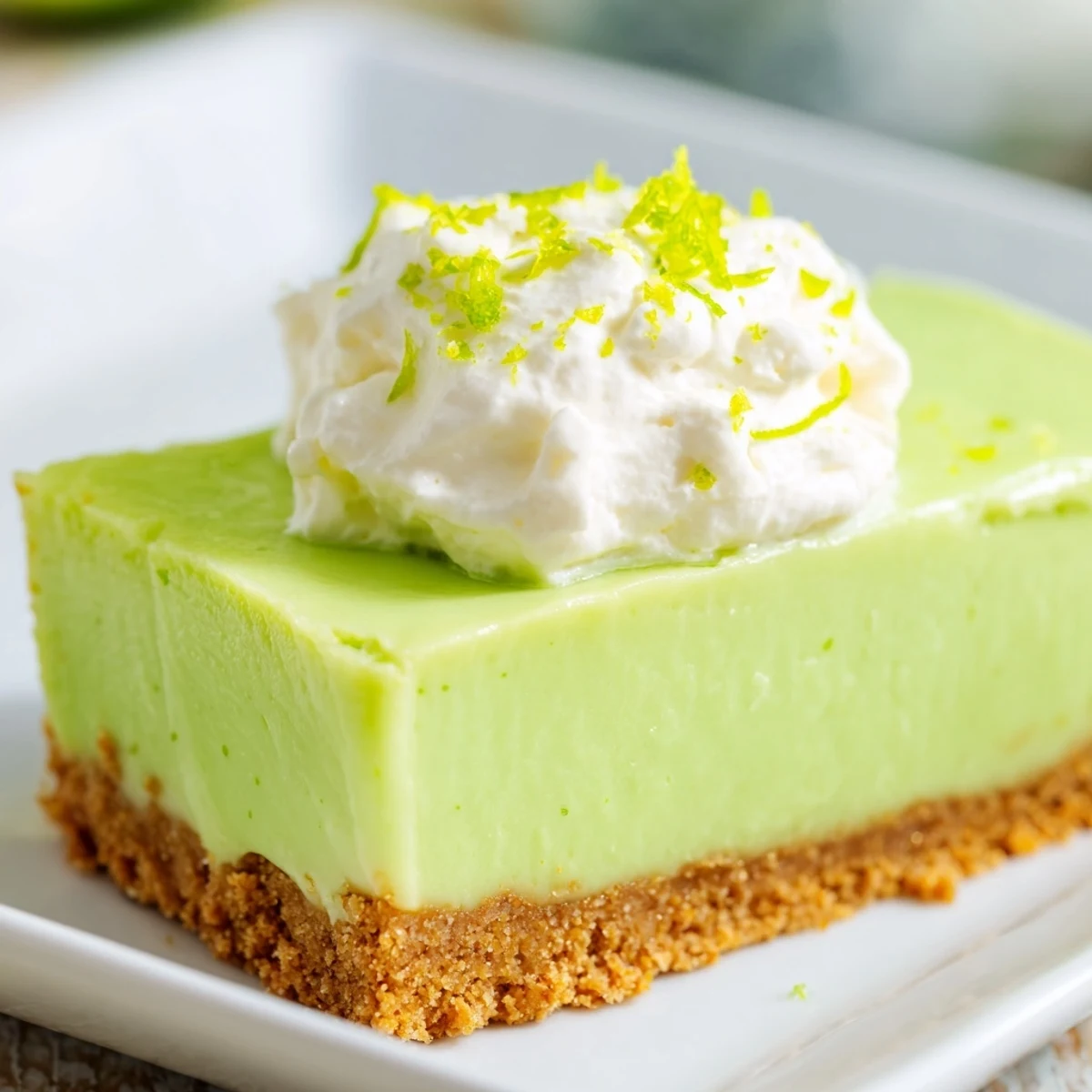A slice of Green Key Lime Pie Bars with a dollop of whipped cream highlights the refreshing key lime zest and bright green hue.