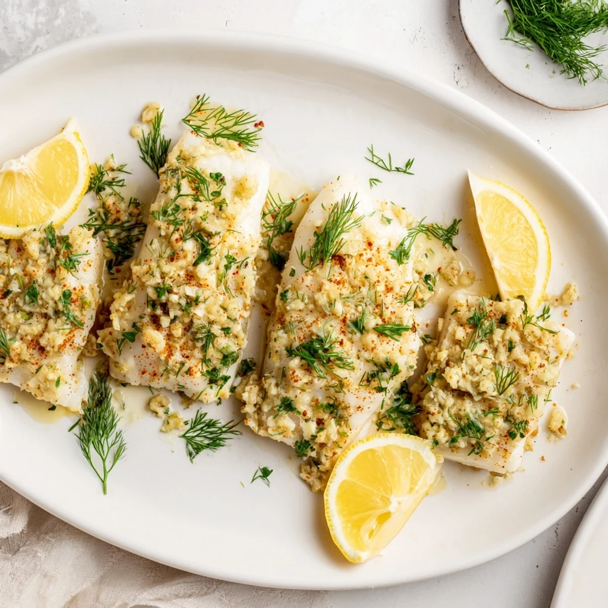 Flaky Baked Cod with Garlic Butter and Herbs garnished with fresh lemon wedges on a white plate.  