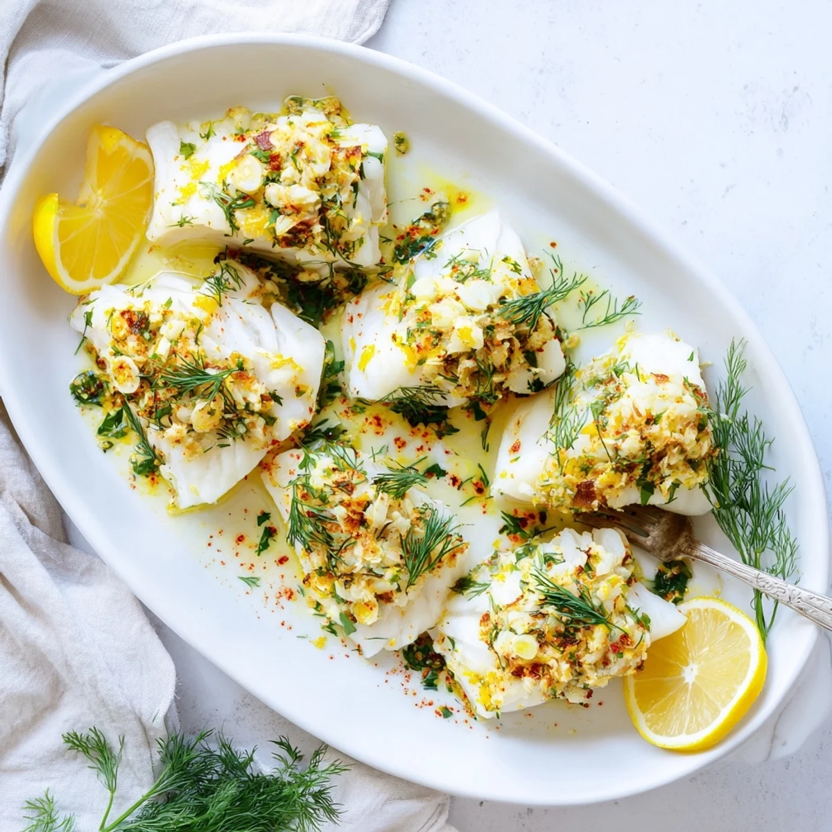 Golden Baked Cod with Garlic Butter and Herbs served alongside steamed green beans and potatoes.  