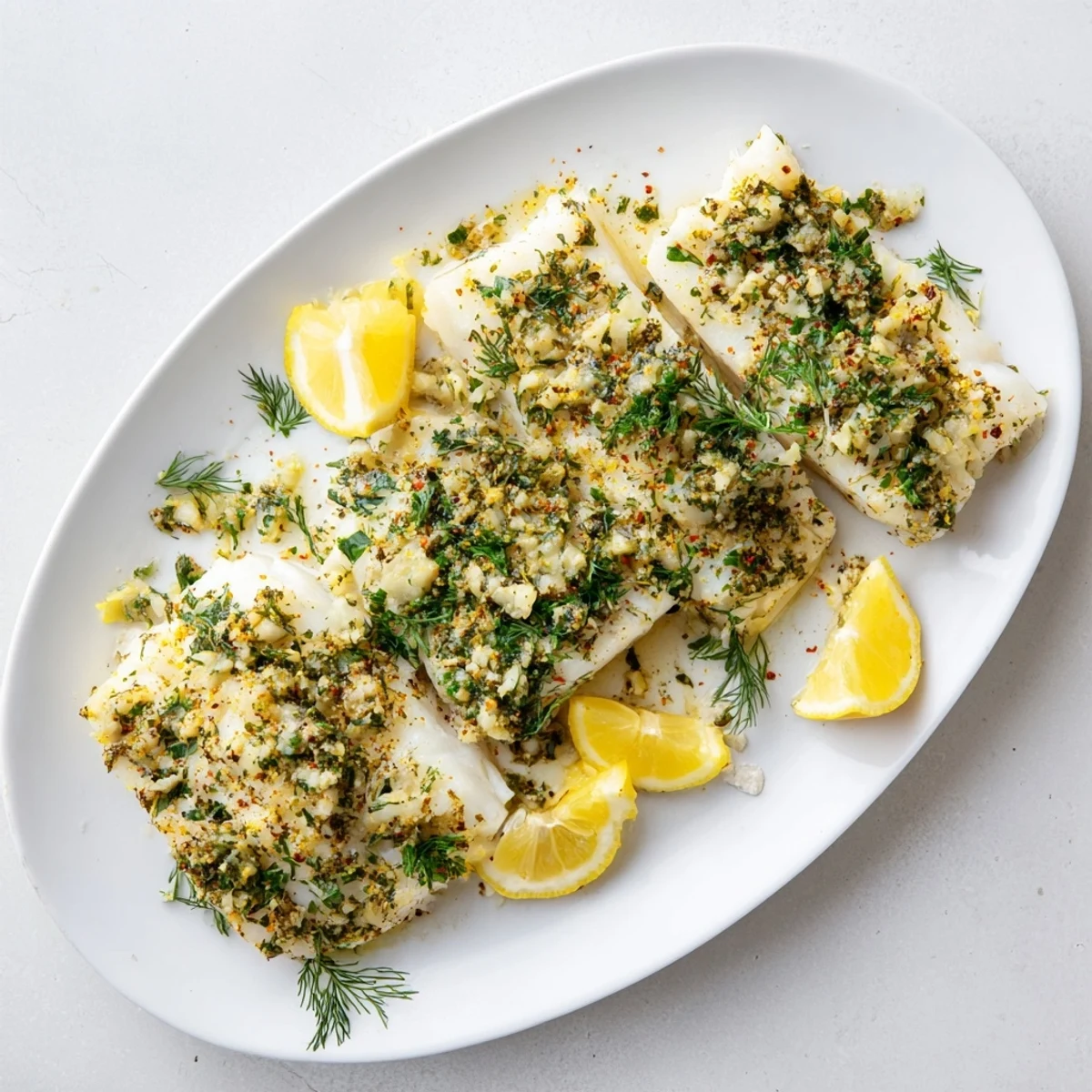 Moist Baked Cod with Garlic Butter and Herbs baked in a dish with fresh parsley garnish.