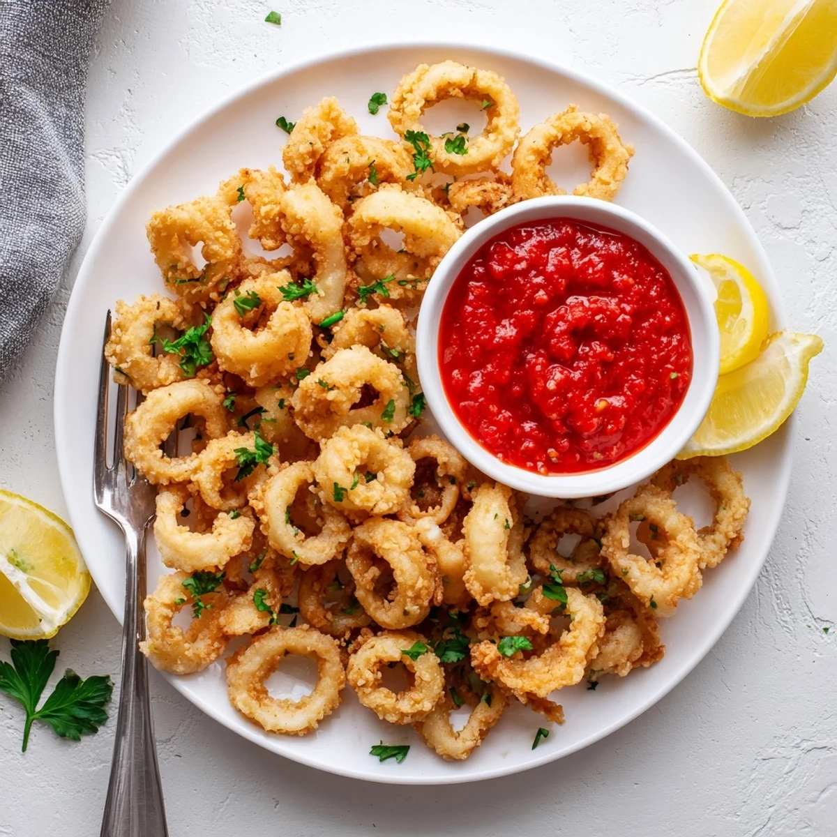 Crispy calamari with marinara dipping sauce served on a white plate, accompanied by lemon wedges and a glass of Pinot Grigio.  