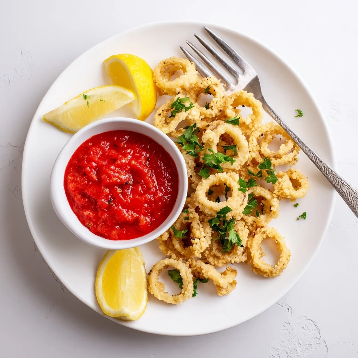 Close-up view of tender calamari coated in a light, crispy batter, next to a small bowl of zesty homemade marinara sauce.