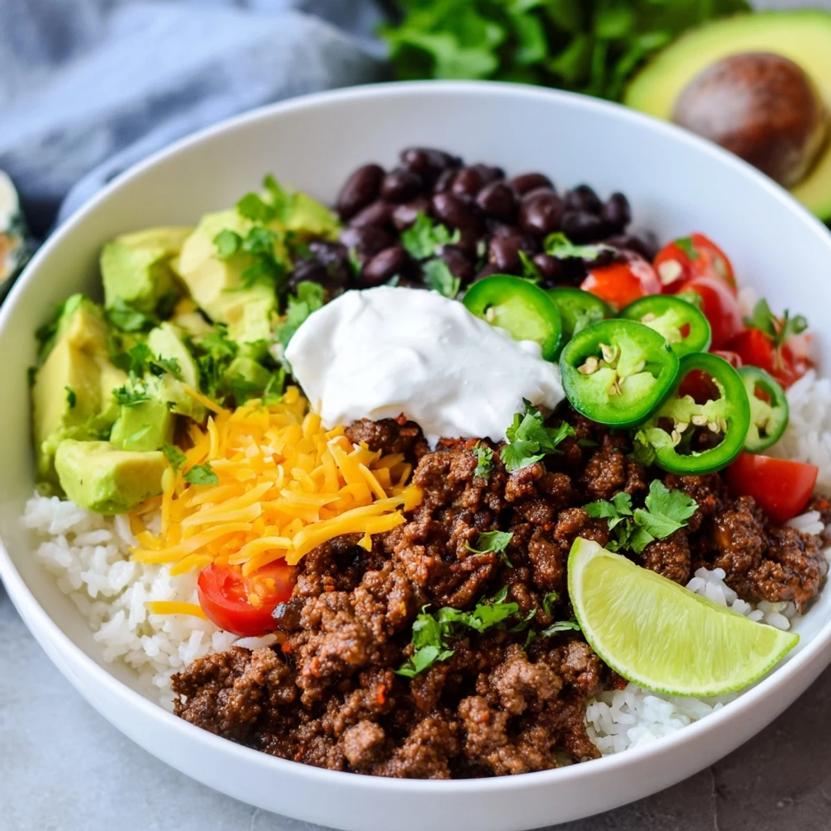 A vibrant serving of Beef Burrito Bowls with Rice and Beans, featuring seasoned ground beef, fluffy rice, and creamy black beans.