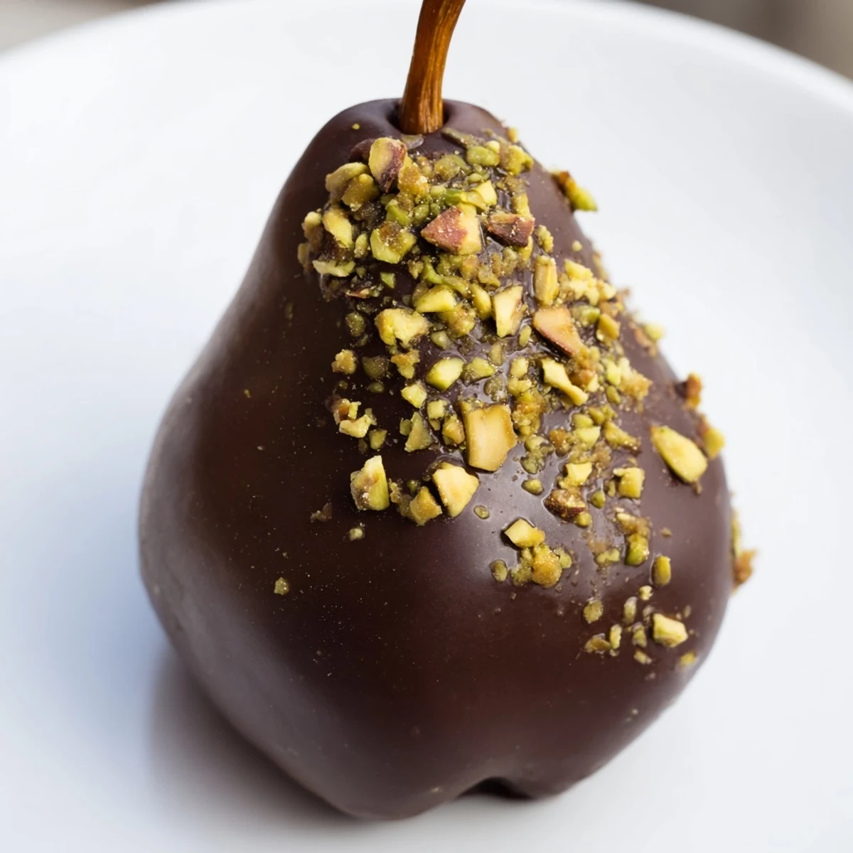 Ripe Bosc pears dipped in glossy dark chocolate, sprinkled with crushed pistachios for a romantic dessert treat.