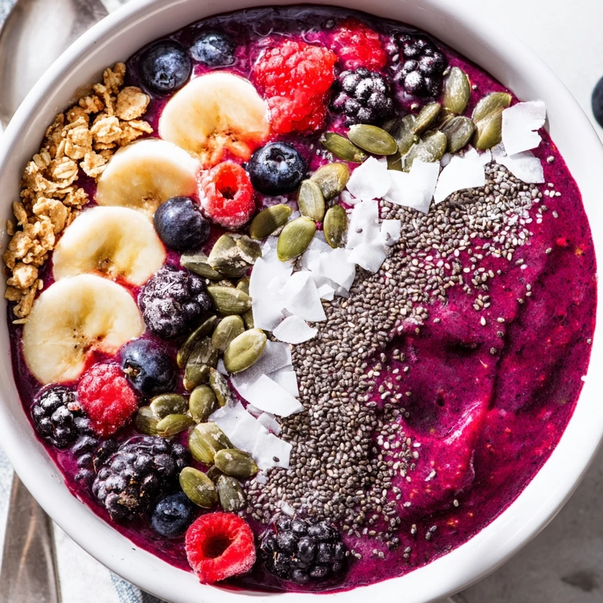A vibrant bowl of Winter Berry Smoothie Bowl with Seeds, topped with fresh berries and a sprinkle of crunchy seeds.