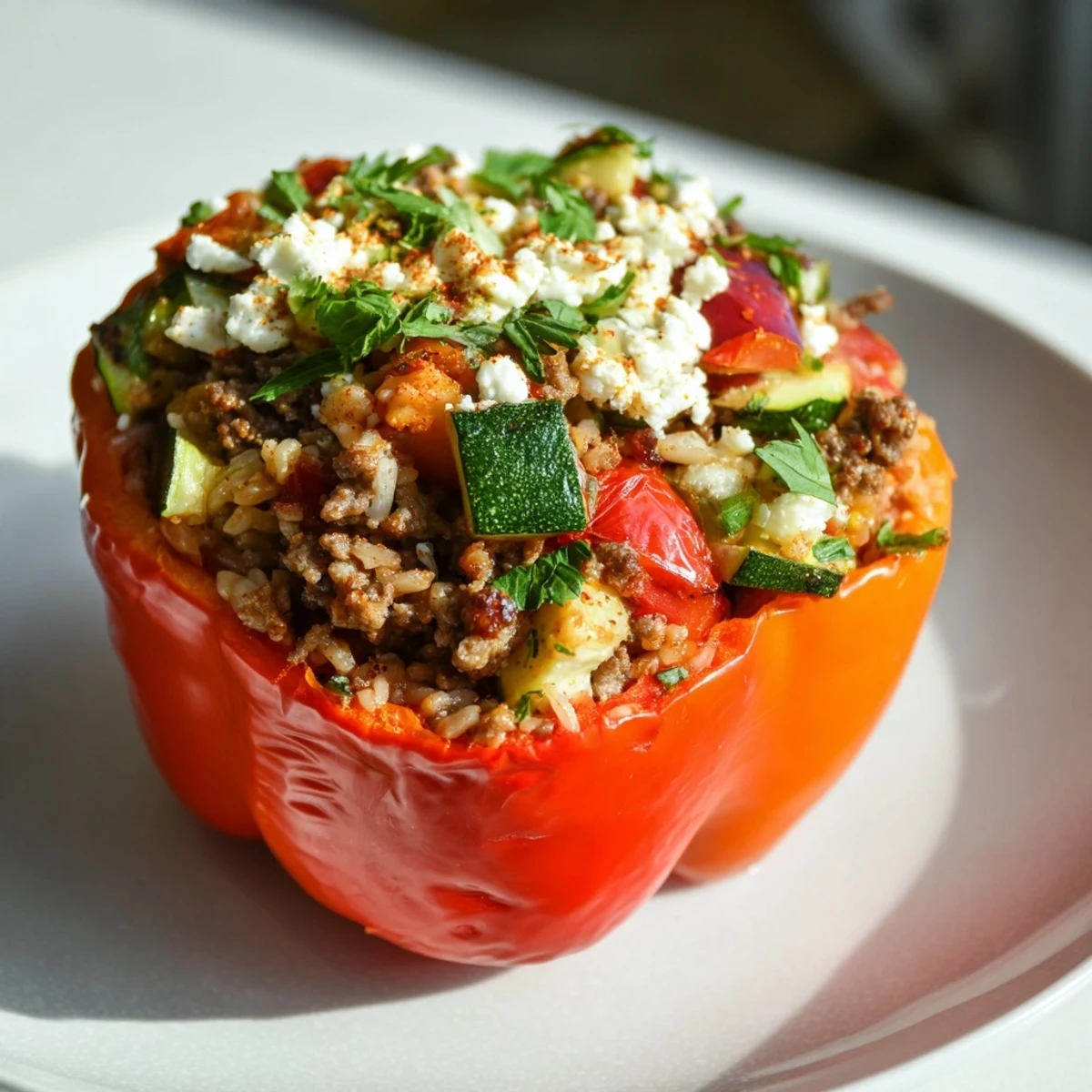 Freshly baked Mediterranean Stuffed Bell Peppers with Beef reveal savory filling with tomatoes, zucchini, and rice.