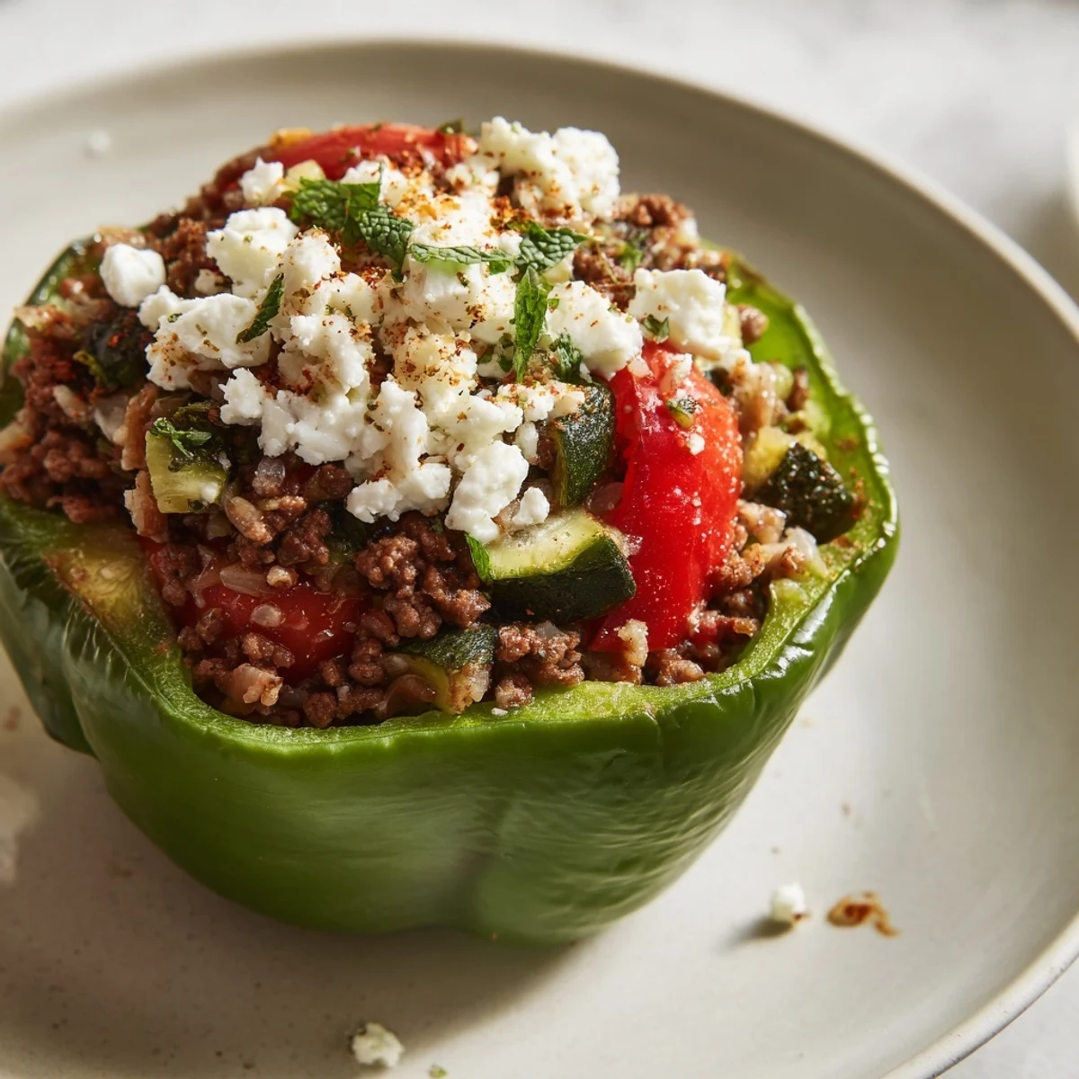 Golden Mediterranean Stuffed Bell Peppers with Beef are served warm beside a salad, ready for a hearty dinner.