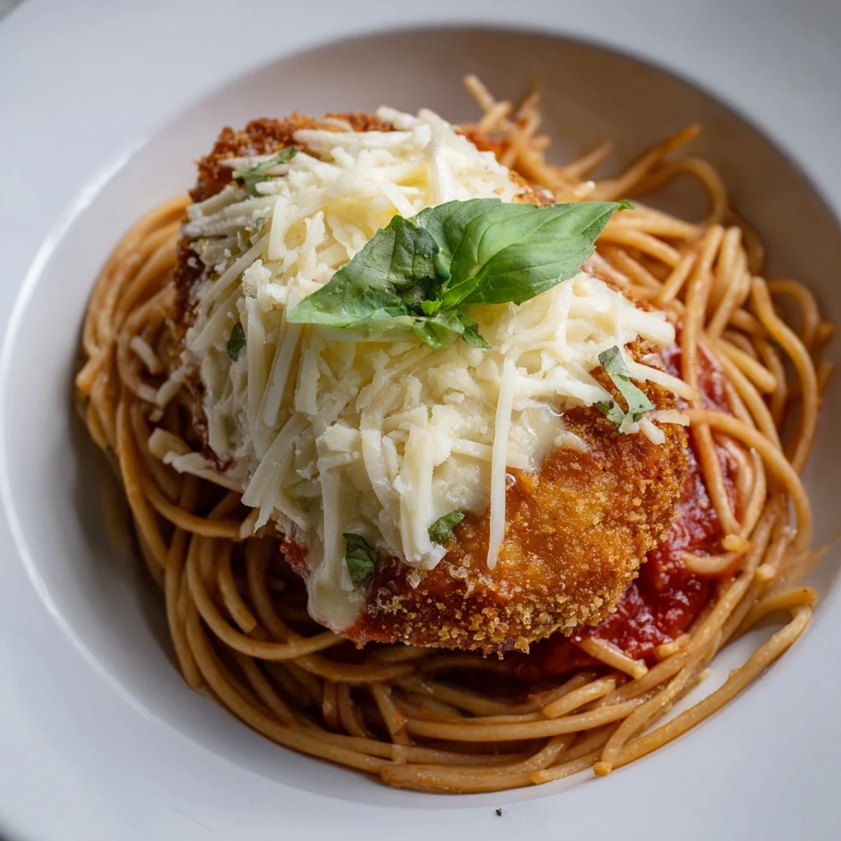 Golden-baked Chicken Parmesan over spaghetti marinara, with bubbling cheese, red sauce, and basil, ready for a family-style Italian-American dinner.  
