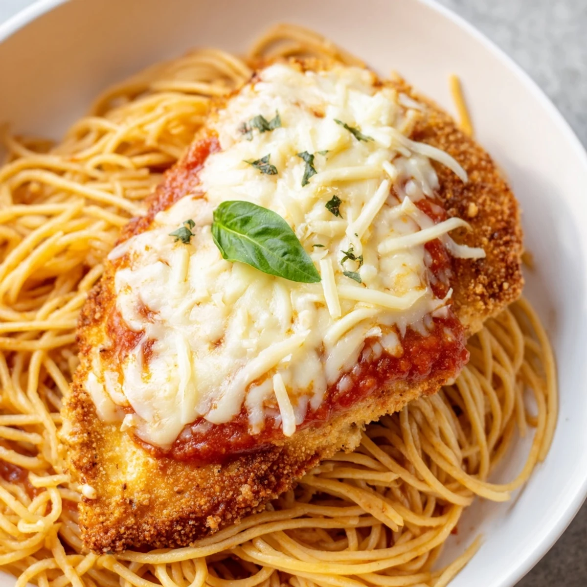 Classic Chicken Parmesan over spaghetti marinara: golden chicken, gooey mozzarella, and vibrant red sauce on a plate ready to serve.
