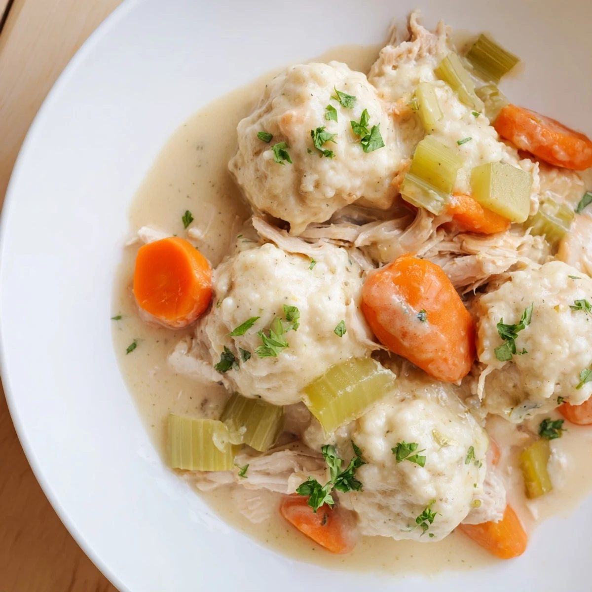 A bowl of Slow Cooker Chicken and Dumplings features tender shredded chicken, carrots, and celery in a creamy, herb-infused broth topped with fluffy dumplings.