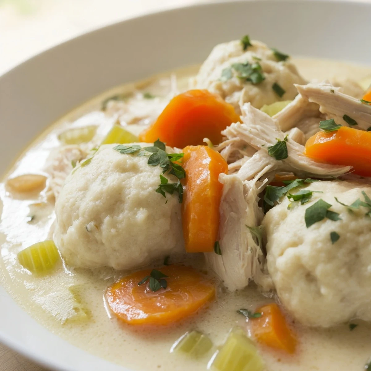 Steam rises from a hearty serving of Slow Cooker Chicken and Dumplings, revealing fluffy biscuit-like dumplings over a creamy chicken and vegetable stew.