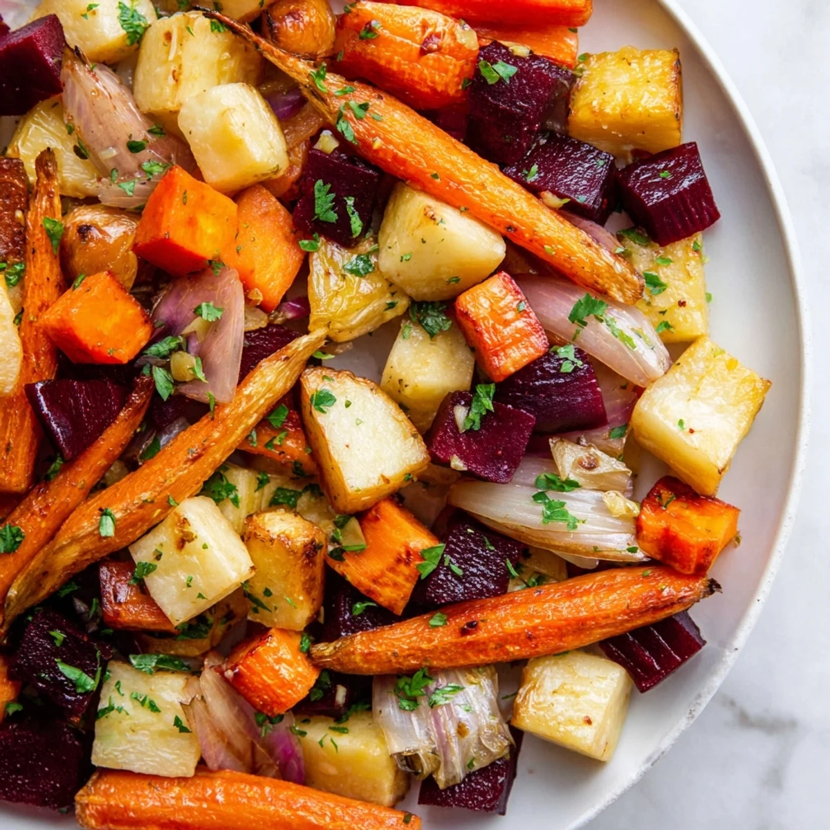 Herb-coated roasted root vegetable medley steams warmly beside a slice of crusty bread for dipping.
