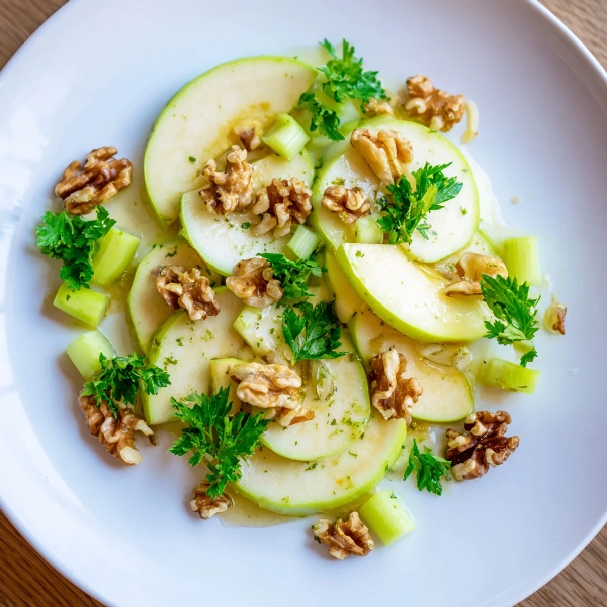 Bright green apple slices, crisp celery, and fresh parsley tossed in a zesty lemon-honey vinaigrette in a salad bowl.