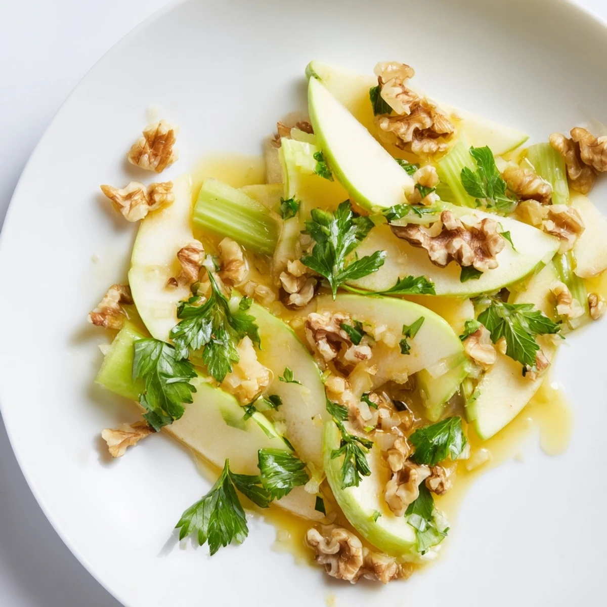 Vibrant vegetarian salad with tart Granny Smith apples, celery, and herbs, served on a white plate for a healthy bite.