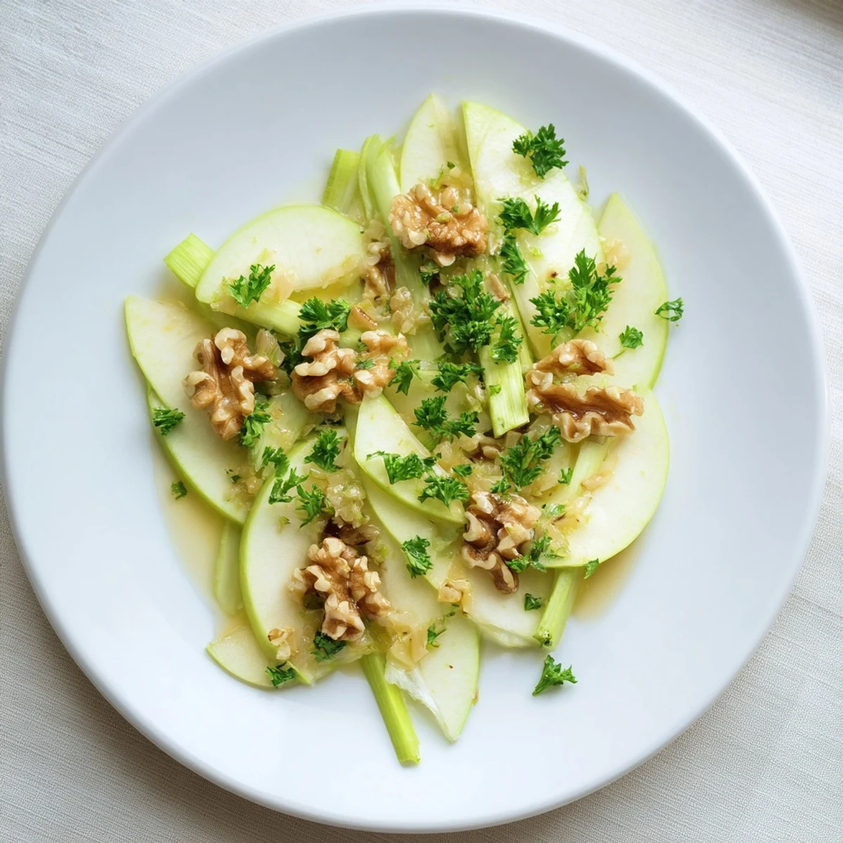 A refreshing bowl of Green Apple and Celery Salad topped with crunchy walnuts, ready for a light lunch side.