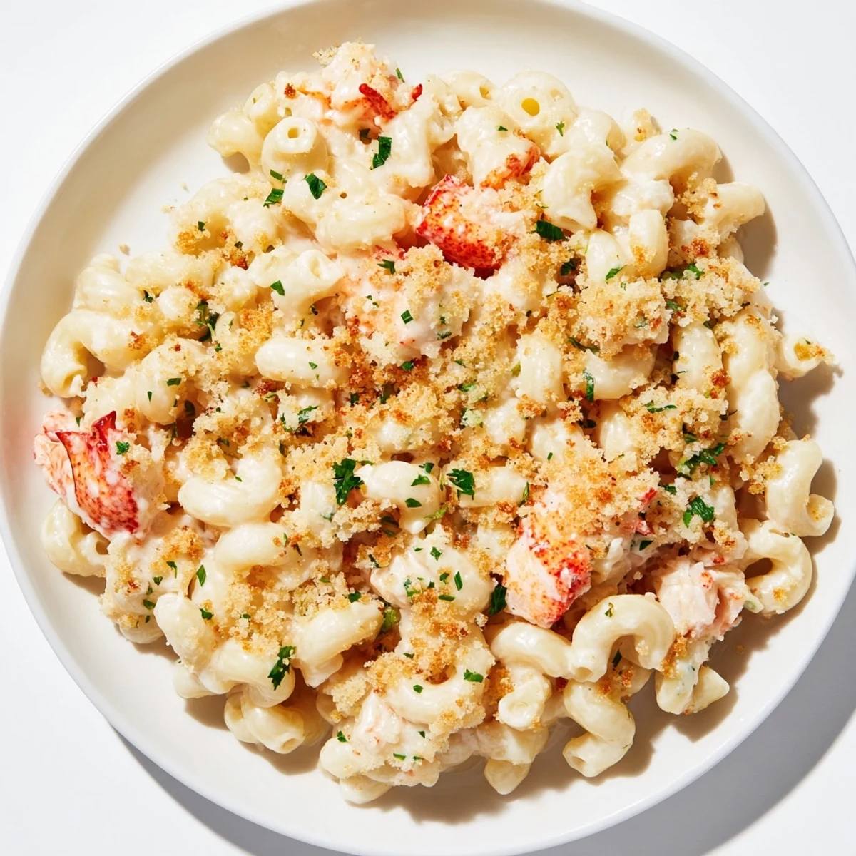 Close-up of Romantic Lobster Mac and Cheese with golden panko crumbs and melted cheese pull.