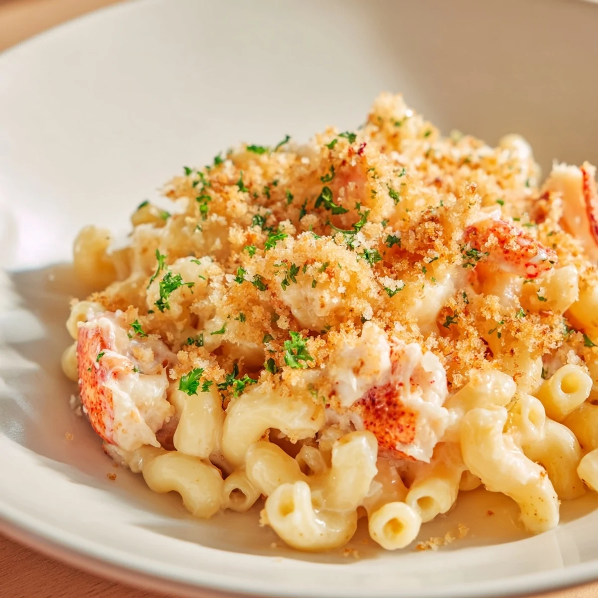 A creamy Romantic Lobster Mac and Cheese garnished with fresh parsley and extra lobster pieces.  