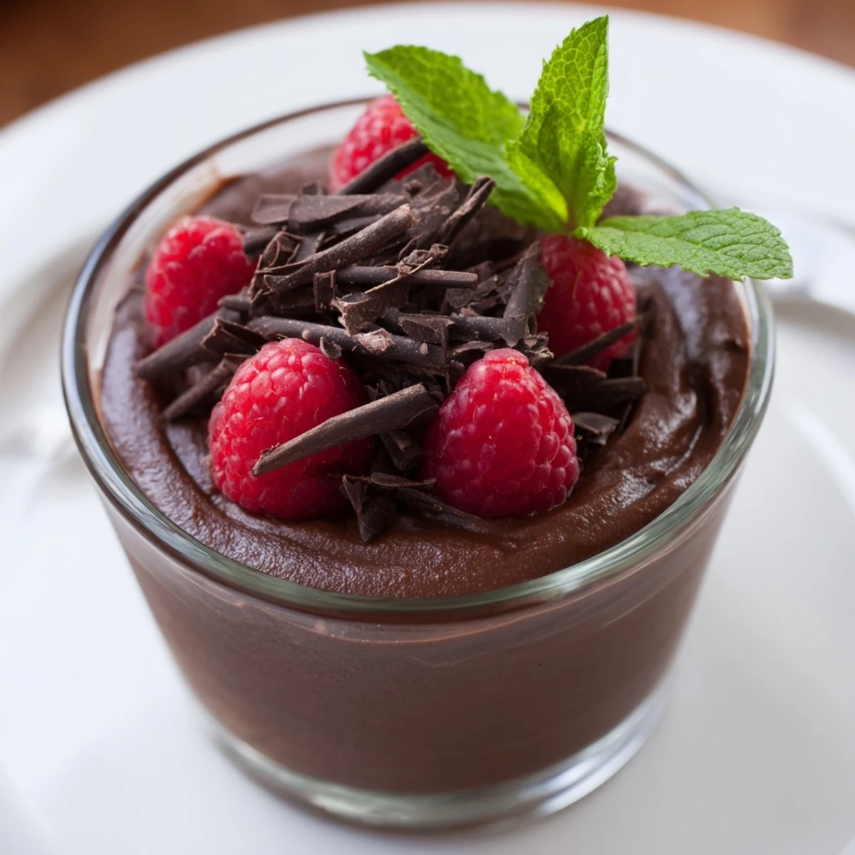 Light and airy Valentine Chocolate Mousse served in a clear glass, topped with vibrant red strawberries.