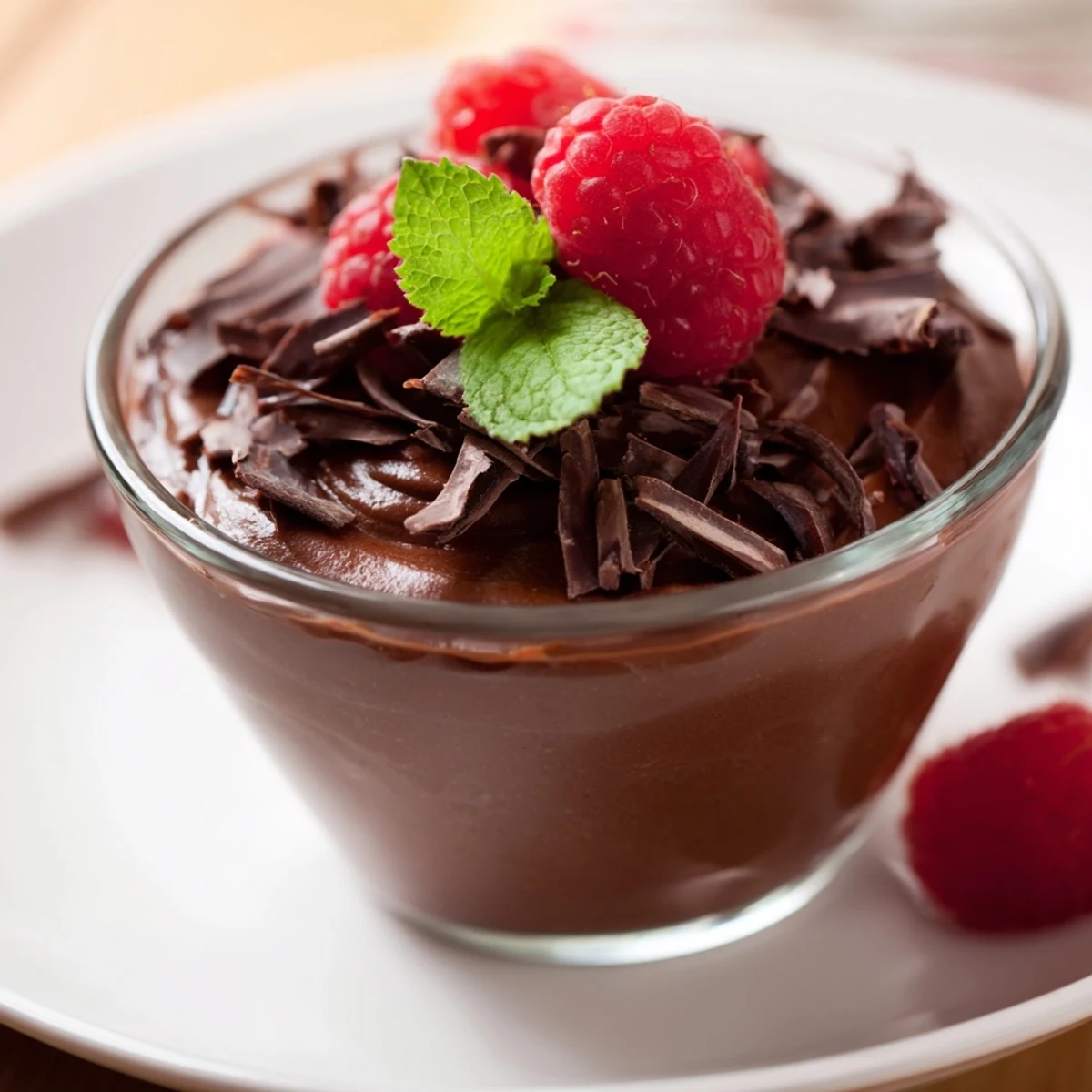 Decadent Valentine Chocolate Mousse with chocolate shavings and fresh berries, ready for a romantic dessert.