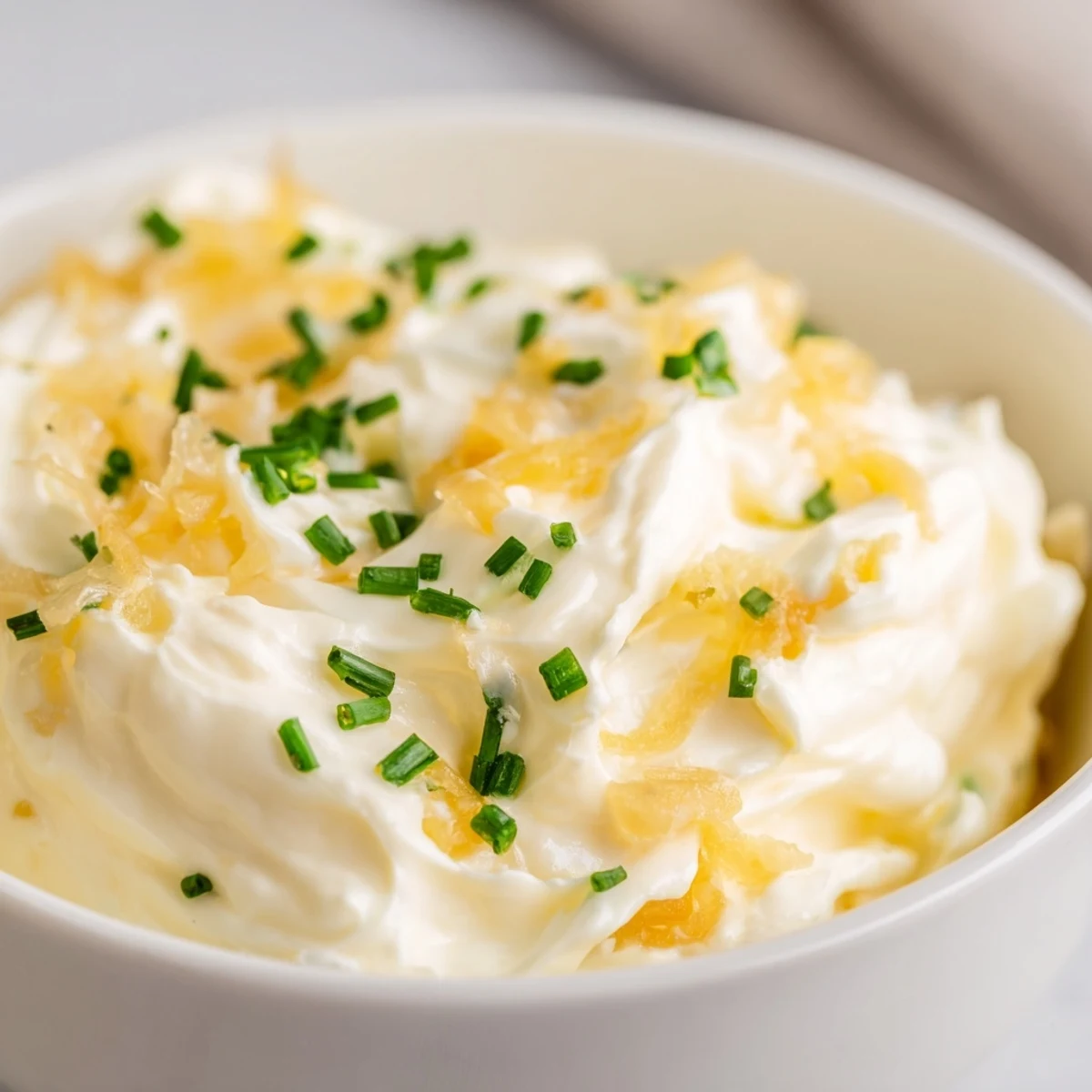 Freshly prepared Game Day Onion Dip with caramelized onions and chives, paired with chips on a rustic table.