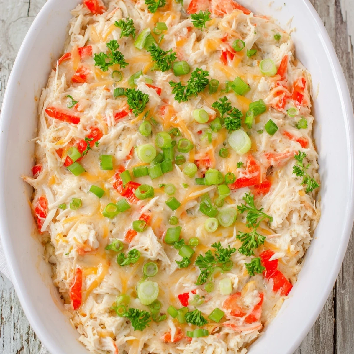 Creamy Mardi Gras Crab Dip, bubbling and golden, served warm with crunchy crackers and fresh diced peppers for dipping.