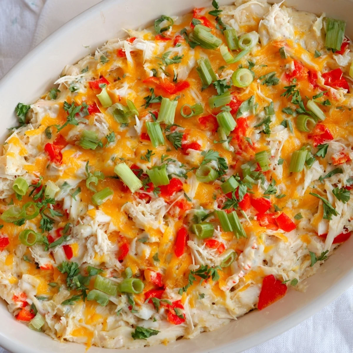 Warm Mardi Gras Crab Dip topped with melted cheddar and paprika, paired alongside sliced baguette and crisp veggies on a platter.