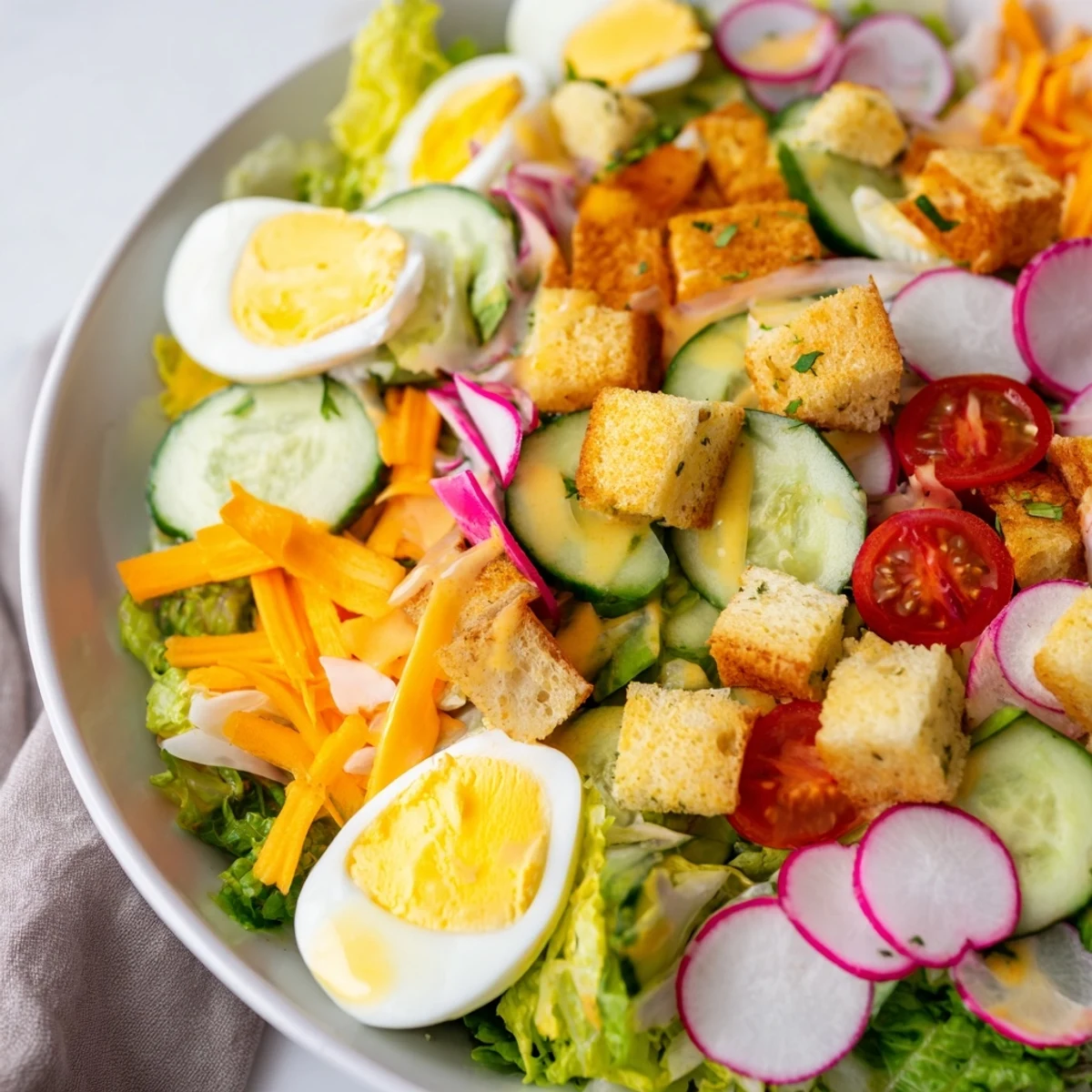A vibrant Irish Pub Salad with Egg features hard-boiled egg halves, cubed sharp cheddar, and crisp vegetables on a bed of greens.