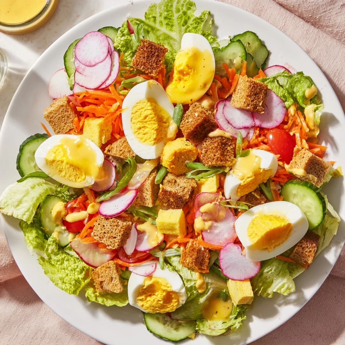 Close-up view of the Irish Pub Salad with Egg, showing halved eggs, radish slices, and croutons tossed in a tangy mustard vinaigrette.
