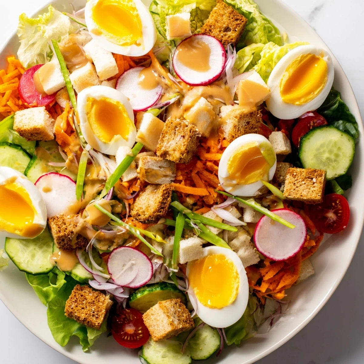 Hearty Irish Pub Salad with Egg plated with colorful carrots, cucumbers, and chives, ready to serve with a side of Irish ale.