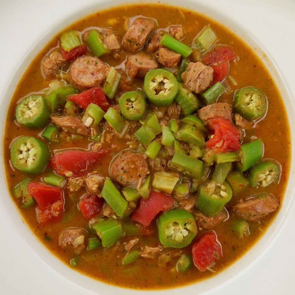 A bowl of Louisiana Gumbo with Turkey Sausage, rich brown broth with tender okra, tomatoes, and herbs over fluffy white rice.