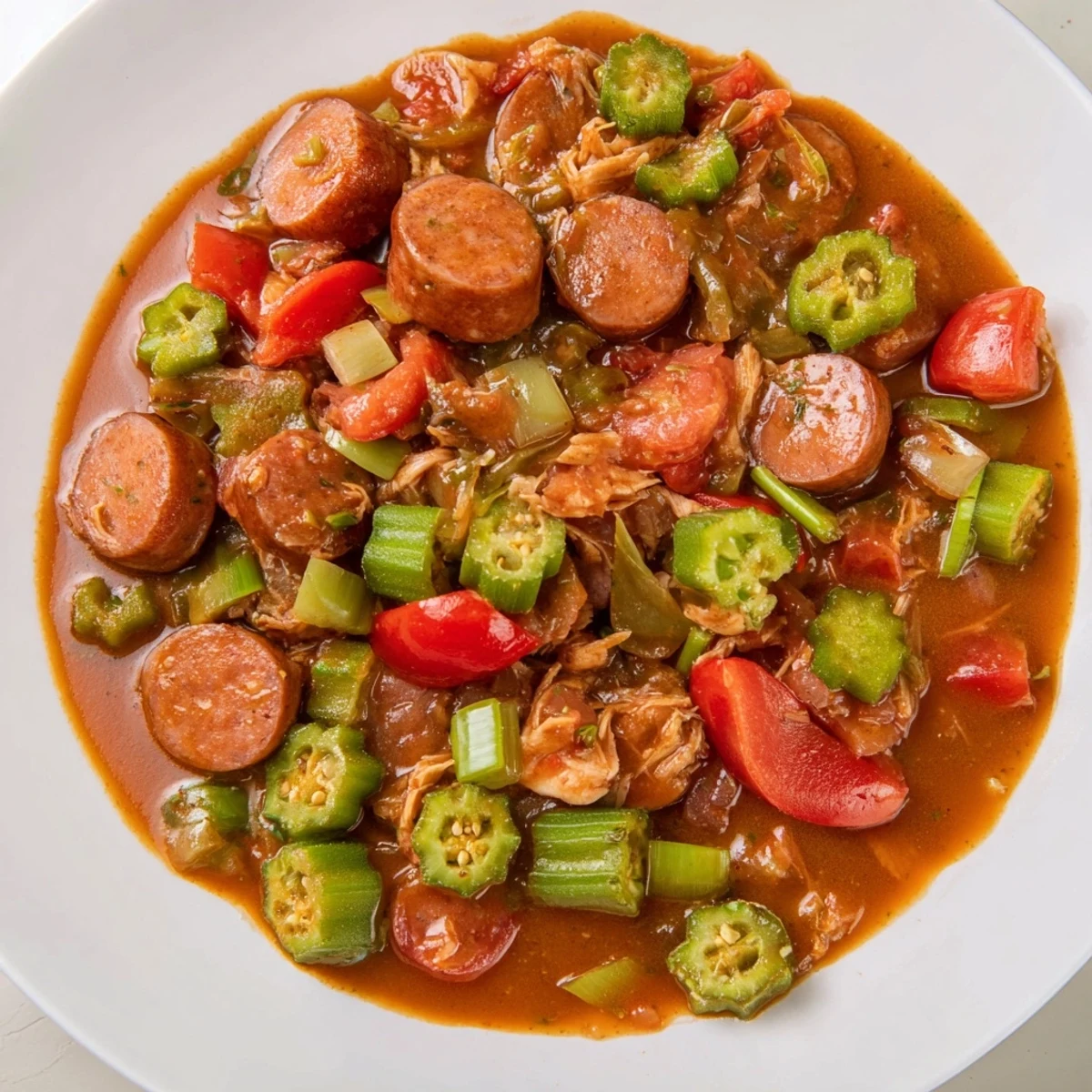 Steaming Louisiana Gumbo with Turkey Sausage in a rustic bowl, featuring sliced turkey sausage, okra, and diced vegetables in a hearty Creole stew.