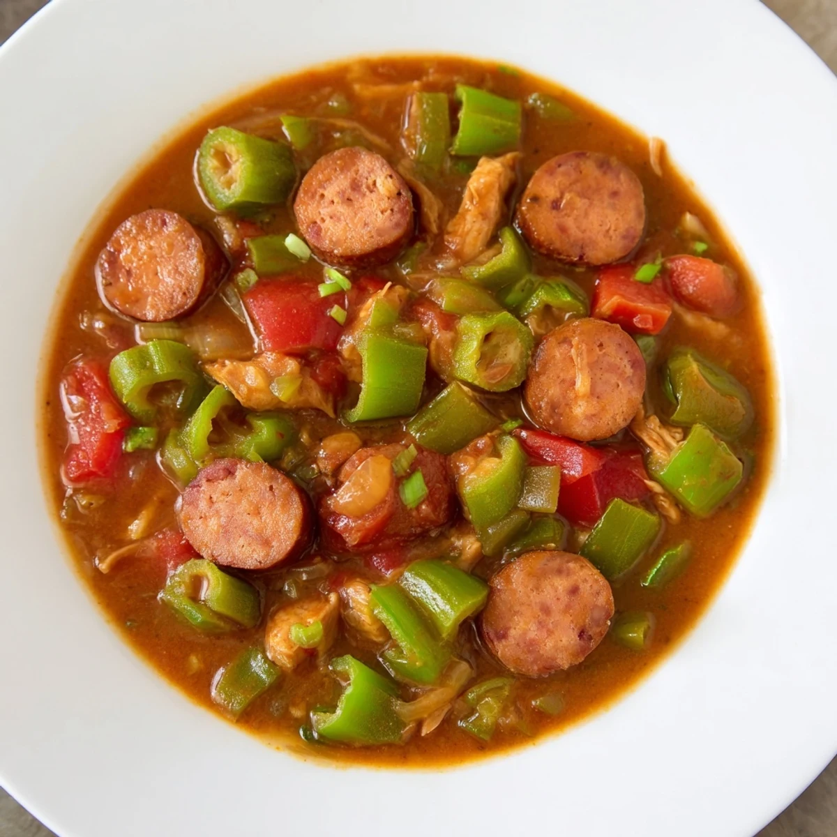 Close-up of Louisiana Gumbo with Turkey Sausage, spoon lifting a savory bite with tender turkey sausage, okra, and aromatic broth over white rice.