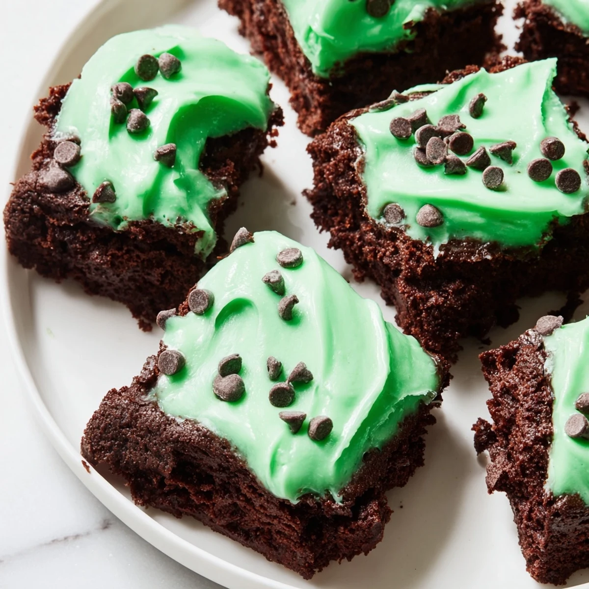 Stack of St. Patricks Day Mint Brownie Bites garnished with chocolate sprinkles, perfect for a St. Patrick's Day party dessert tray.