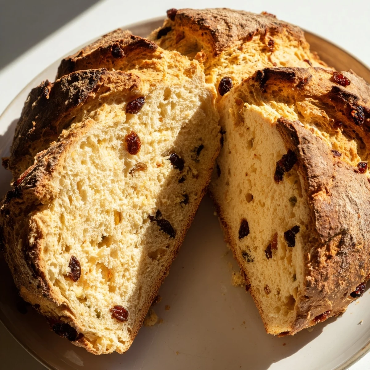 Warm St. Patricks Day Irish Soda Bread sliced open, showing tender crumb and plump raisins, served with Irish butter.  