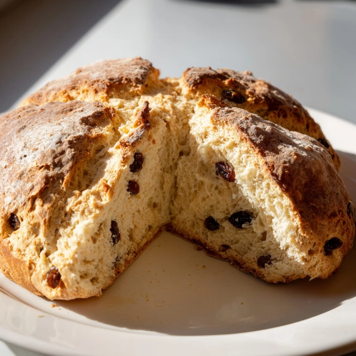 A freshly baked St. Patricks Day Irish Soda Bread with golden crust, dotted with raisins, resting on a cooling rack.  
