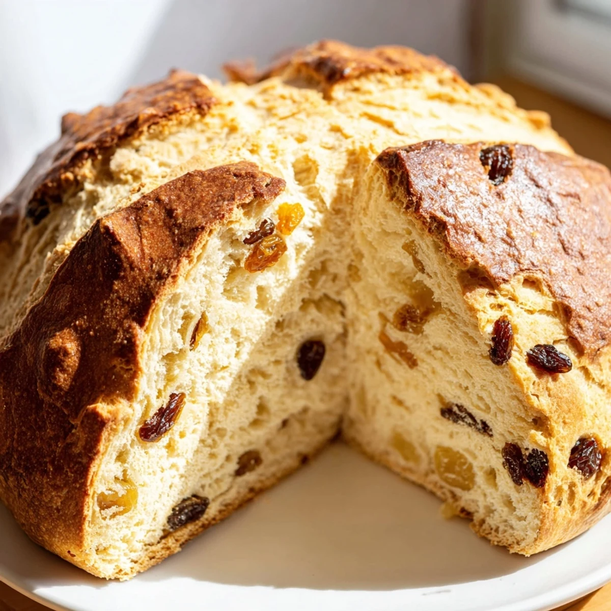 Rustic St. Patricks Day Irish Soda Bread loaf with deep X on top, surrounded by scattered raisins and flour.