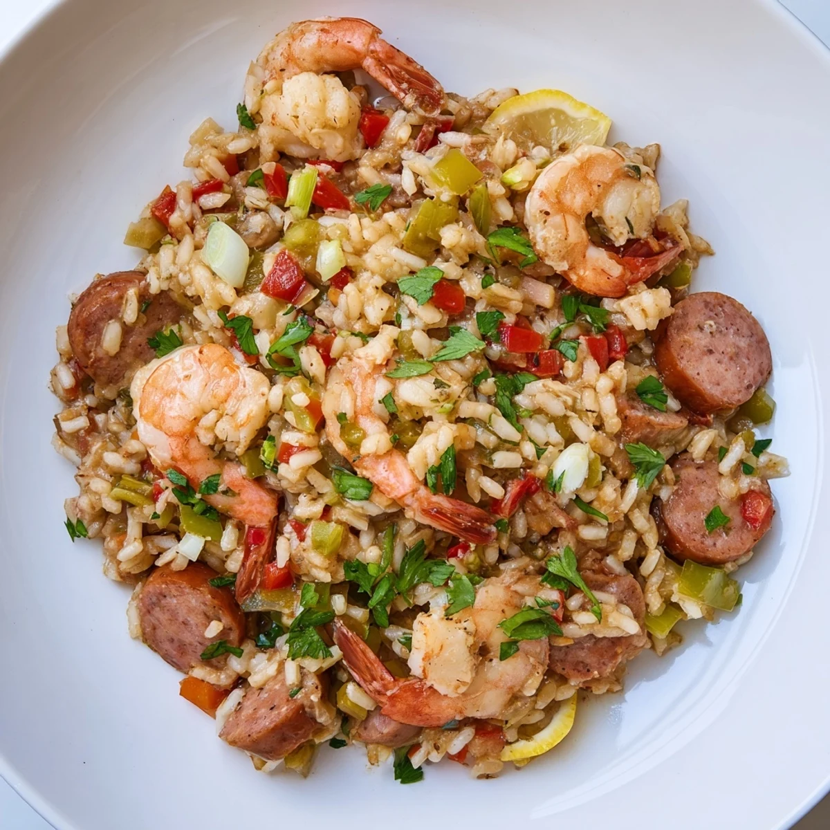 Creamy Creole Jambalaya Risotto with Shrimp served hot with lemon wedges and fresh parsley garnish.