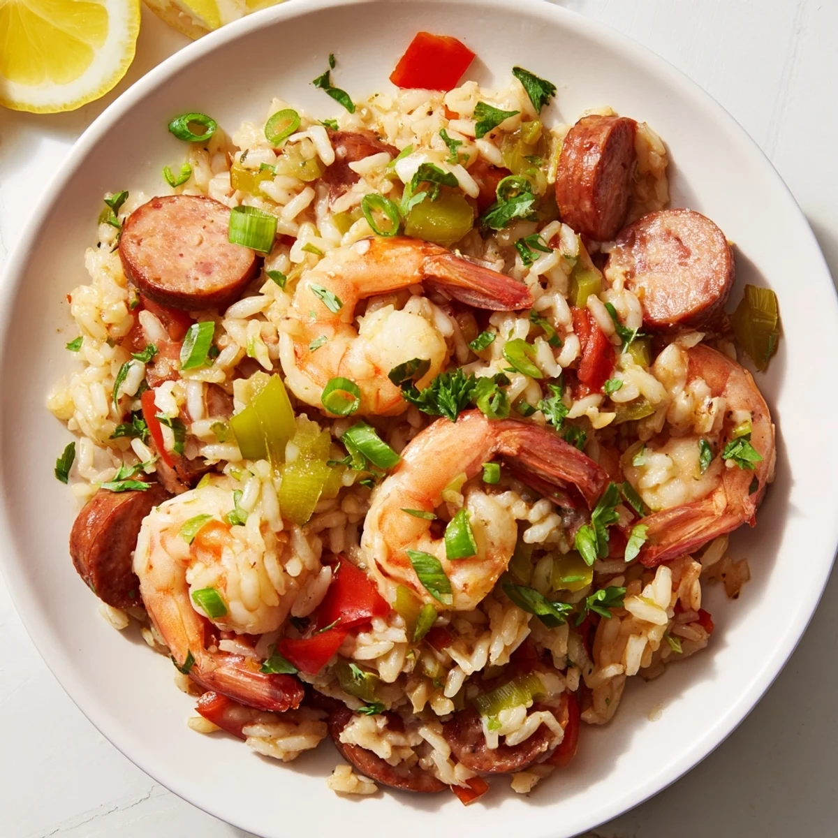 Spicy Creole Jambalaya Risotto with Shrimp topped with green onions and a pat of butter.