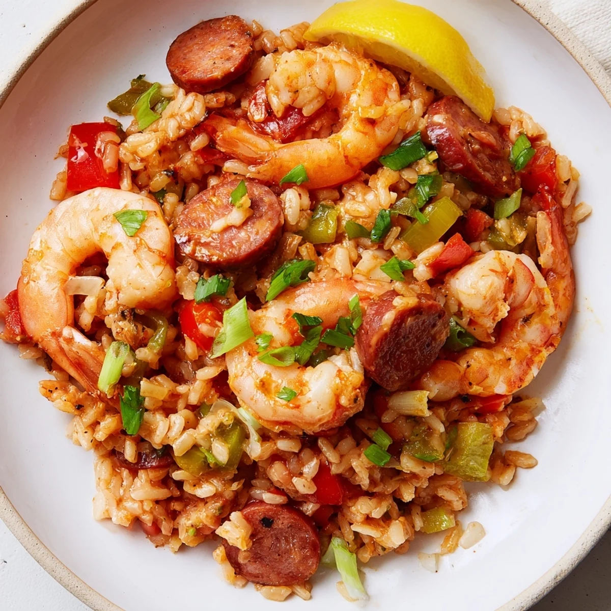 Steaming pot of Creole Jambalaya Risotto featuring shrimp, andouille sausage, and sautéed bell peppers.