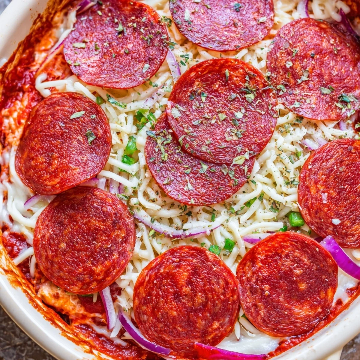Hot, cheesy Game Day Pepperoni Pizza Dip topped with beef pepperoni, served with pita chips for dipping.