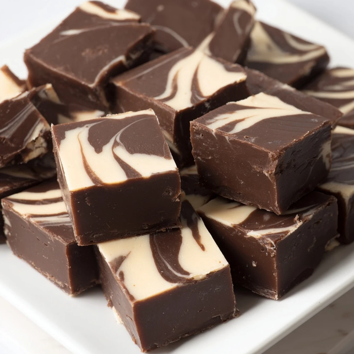 Decadent Irish Cream Fudge squares studded with chocolate chips served on a rustic board.